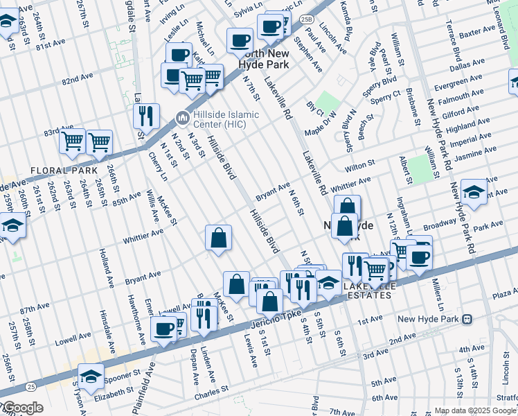 map of restaurants, bars, coffee shops, grocery stores, and more near 806 Hillside Boulevard in New Hyde Park