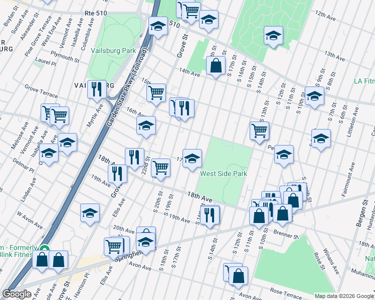 map of restaurants, bars, coffee shops, grocery stores, and more near 291 17th Avenue in Newark