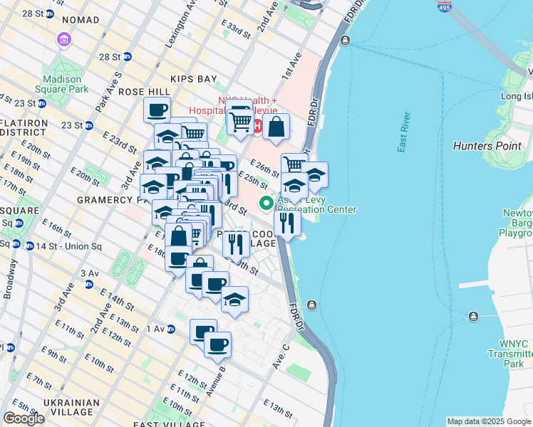 map of restaurants, bars, coffee shops, grocery stores, and more near 390 Asser Levy Place in New York