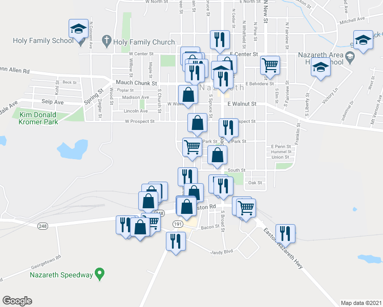 map of restaurants, bars, coffee shops, grocery stores, and more near 326 South Main Street in Nazareth