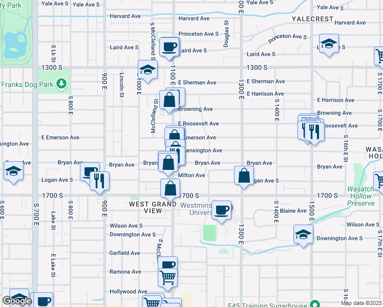 map of restaurants, bars, coffee shops, grocery stores, and more near 1148 East Kensington Avenue in Salt Lake City