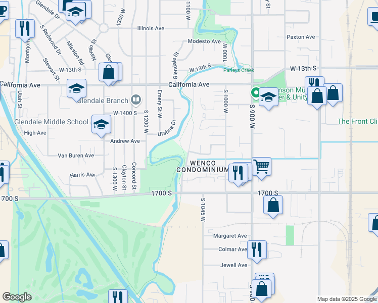 map of restaurants, bars, coffee shops, grocery stores, and more near 1557 Riverside Drive in Salt Lake City
