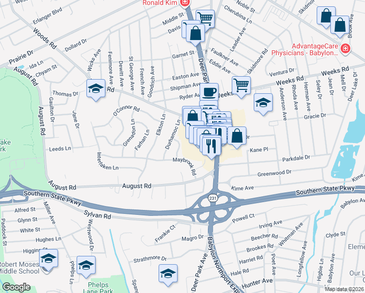 map of restaurants, bars, coffee shops, grocery stores, and more near 31 Maybrook Road in North Babylon