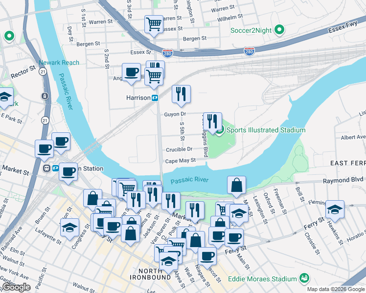 map of restaurants, bars, coffee shops, grocery stores, and more near 1200 Frank E Rodgers Boulevard South in Harrison