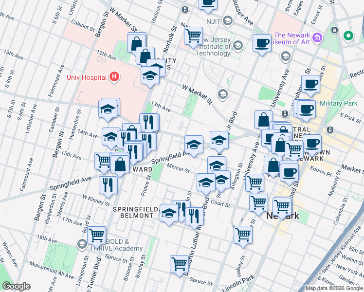 map of restaurants, bars, coffee shops, grocery stores, and more near 135 Springfield Avenue in Newark