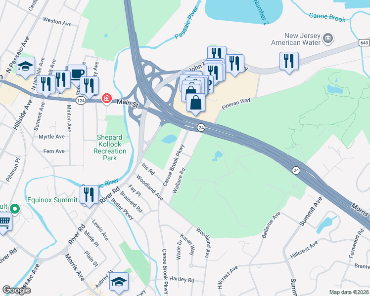 map of restaurants, bars, coffee shops, grocery stores, and more near 39 Canoe Brook Parkway in Summit