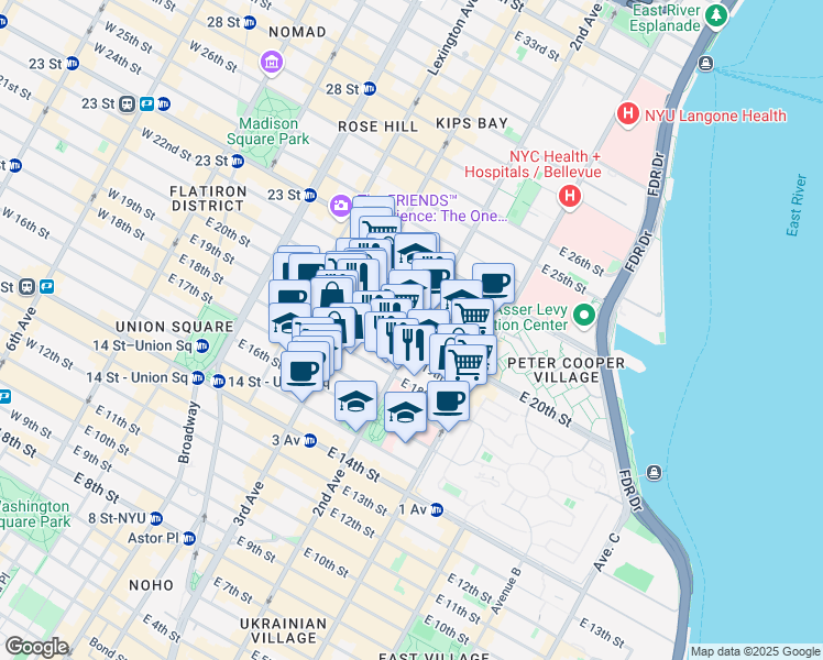 map of restaurants, bars, coffee shops, grocery stores, and more near 247 East 20th Street in New York