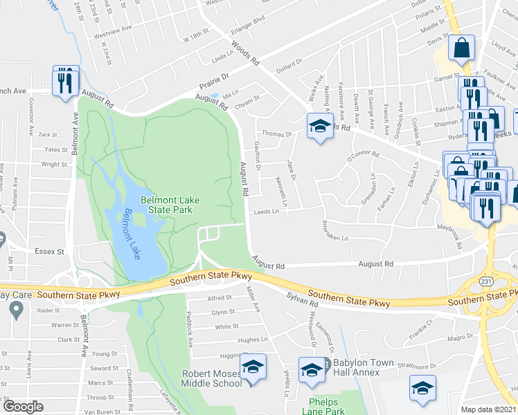 map of restaurants, bars, coffee shops, grocery stores, and more near 5 Leeds Lane in North Babylon