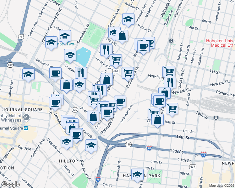 map of restaurants, bars, coffee shops, grocery stores, and more near 15 Jefferson Avenue in Jersey City