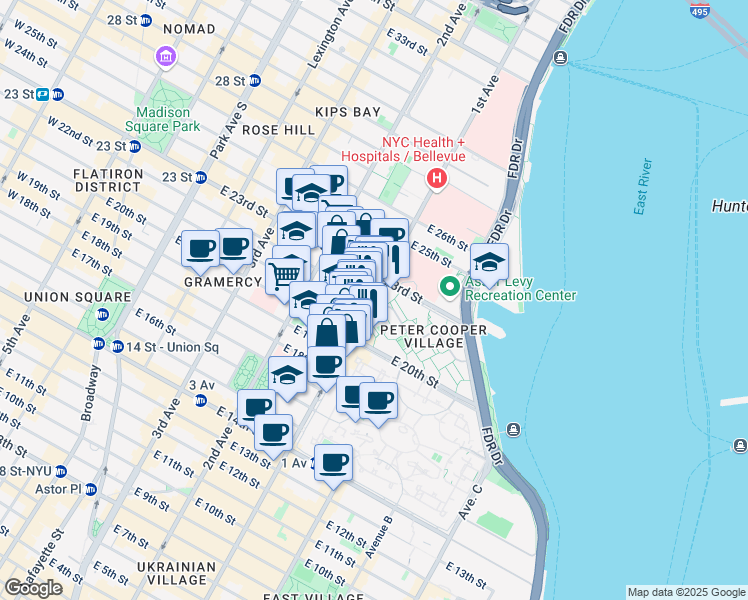 map of restaurants, bars, coffee shops, grocery stores, and more near 229 East 22nd Street in New York