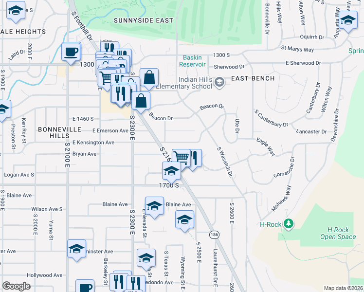 map of restaurants, bars, coffee shops, grocery stores, and more near 2450 Skyline Drive in Salt Lake City