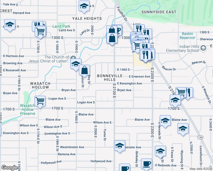map of restaurants, bars, coffee shops, grocery stores, and more near 2036 Bryan Avenue South in Salt Lake City