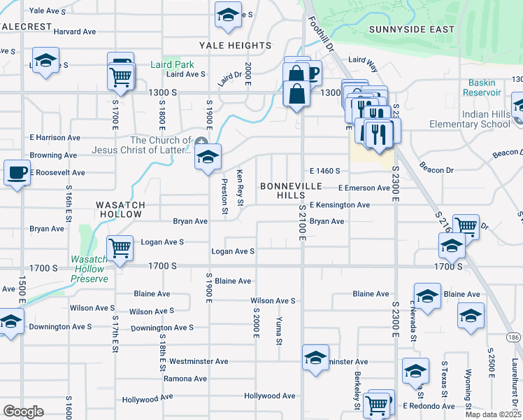 map of restaurants, bars, coffee shops, grocery stores, and more near 1562 South 2000 East in Salt Lake City
