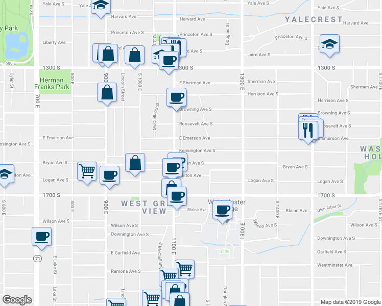 map of restaurants, bars, coffee shops, grocery stores, and more near 1152 Bryan Avenue in Salt Lake City