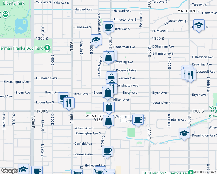 map of restaurants, bars, coffee shops, grocery stores, and more near 1569 1100 East in Salt Lake City