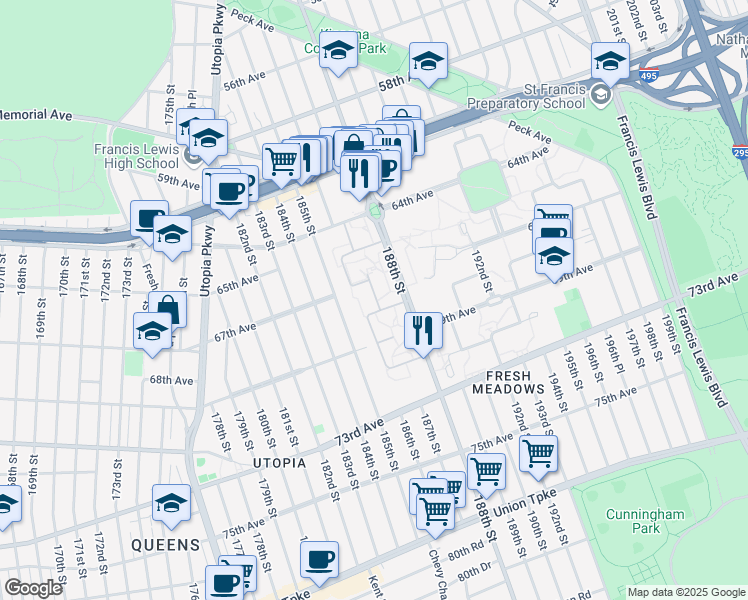 map of restaurants, bars, coffee shops, grocery stores, and more near 67-36A 186th Lane in Queens