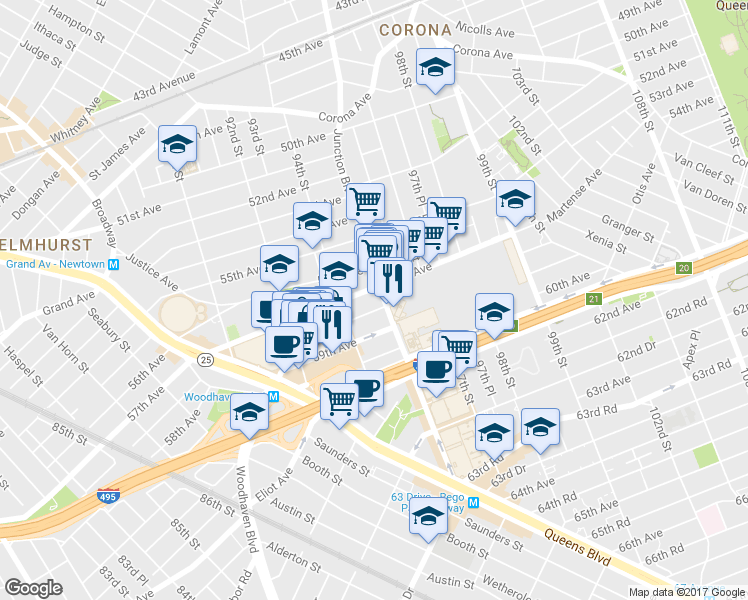 map of restaurants, bars, coffee shops, grocery stores, and more near 94-25 58th Avenue in Queens