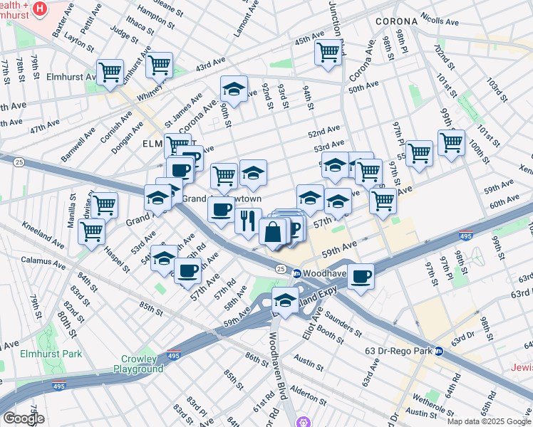 map of restaurants, bars, coffee shops, grocery stores, and more near 91-0 56th Avenue in Queens
