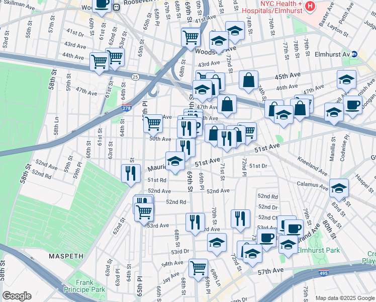 map of restaurants, bars, coffee shops, grocery stores, and more near 50-47 69th Street in Queens