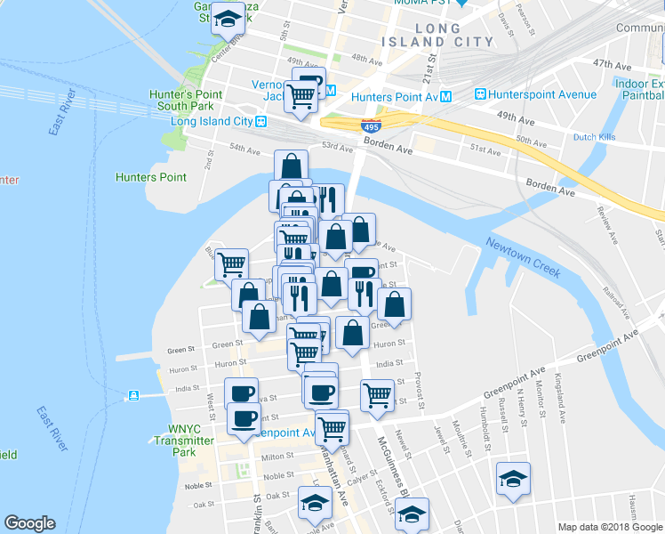 map of restaurants, bars, coffee shops, grocery stores, and more near 187 Eagle Street in Brooklyn