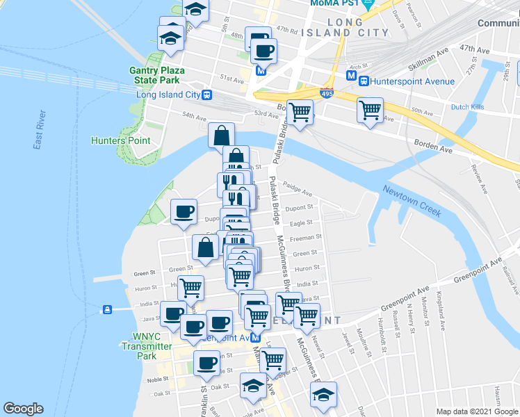 map of restaurants, bars, coffee shops, grocery stores, and more near 153 Eagle Street in Brooklyn