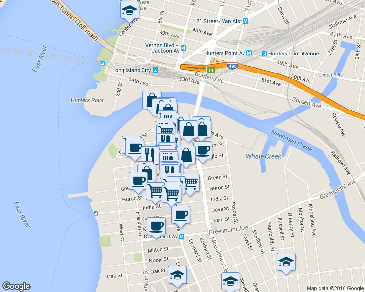 map of restaurants, bars, coffee shops, grocery stores, and more near 153 Eagle Street in Brooklyn