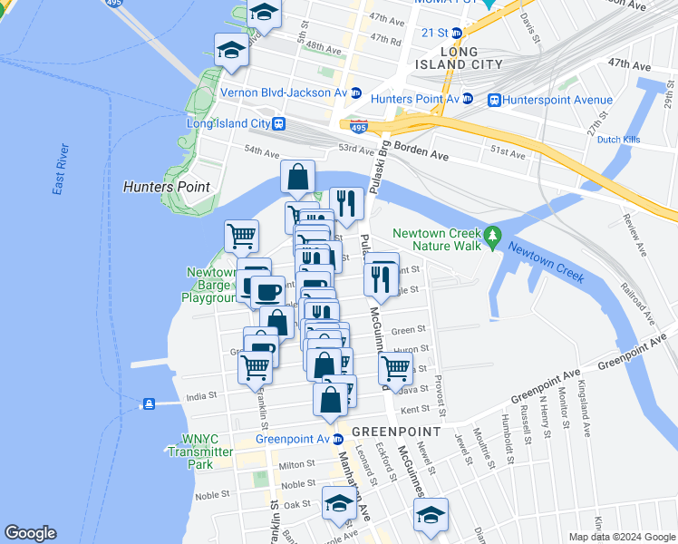 map of restaurants, bars, coffee shops, grocery stores, and more near 153 Eagle Street in Brooklyn