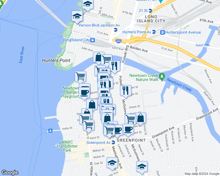 map of restaurants, bars, coffee shops, grocery stores, and more near 153 Eagle Street in Brooklyn