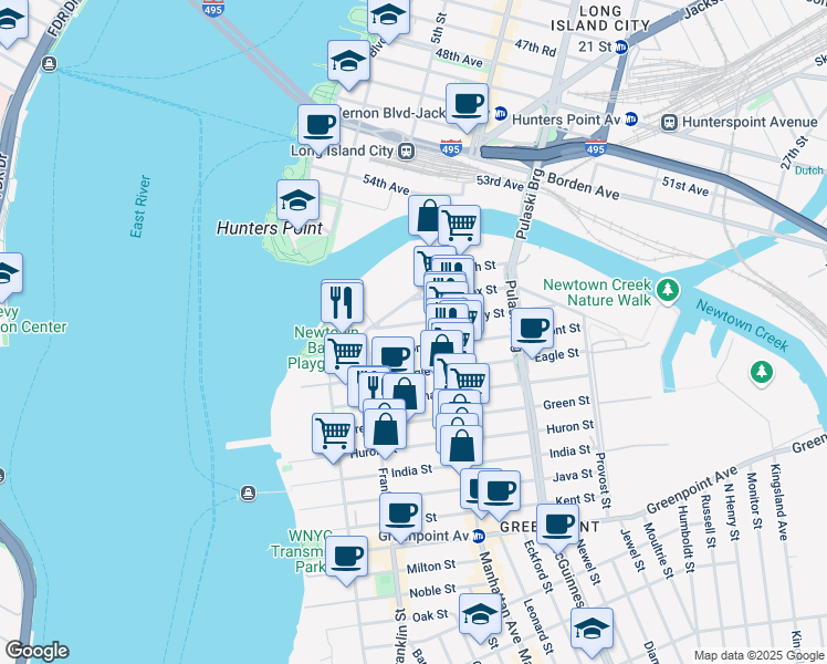 map of restaurants, bars, coffee shops, grocery stores, and more near 66 Dupont Street in Brooklyn