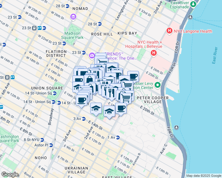 map of restaurants, bars, coffee shops, grocery stores, and more near 345 2nd Avenue in New York