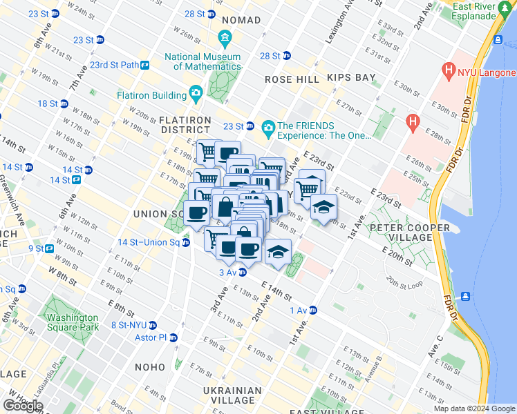map of restaurants, bars, coffee shops, grocery stores, and more near 192 3rd Avenue in New York
