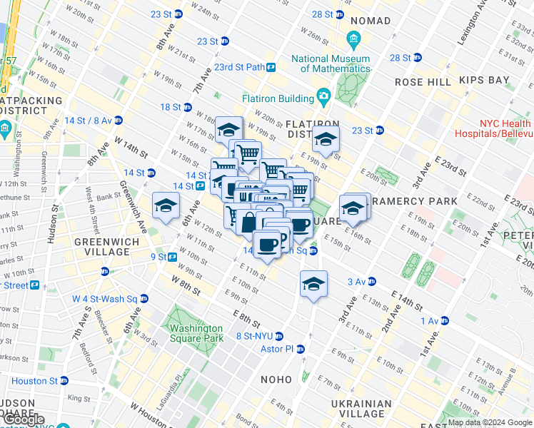 map of restaurants, bars, coffee shops, grocery stores, and more near 2 West 14th Street in New York