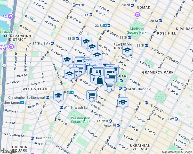 map of restaurants, bars, coffee shops, grocery stores, and more near 10 West 13th Street in New York