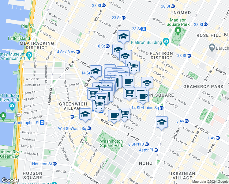 map of restaurants, bars, coffee shops, grocery stores, and more near 54 West 12th Street in New York
