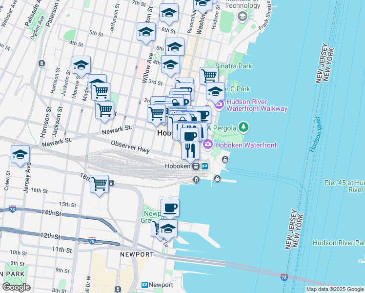 map of restaurants, bars, coffee shops, grocery stores, and more near 62 Observer Highway in Hoboken