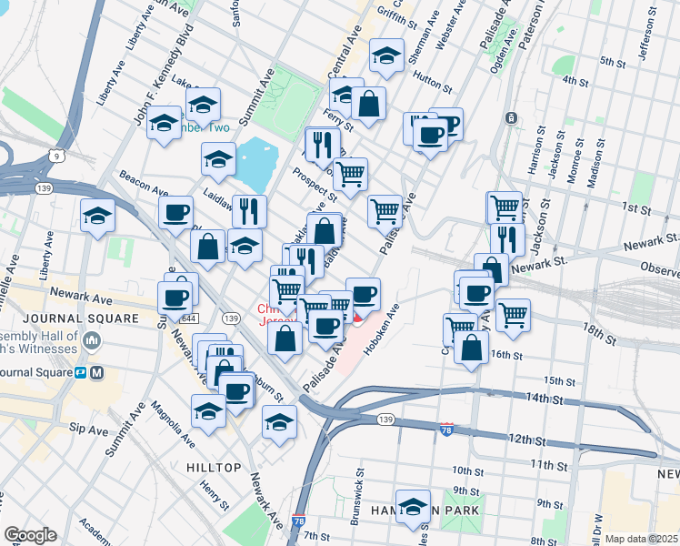 map of restaurants, bars, coffee shops, grocery stores, and more near 13 Laidlaw Avenue in Jersey City