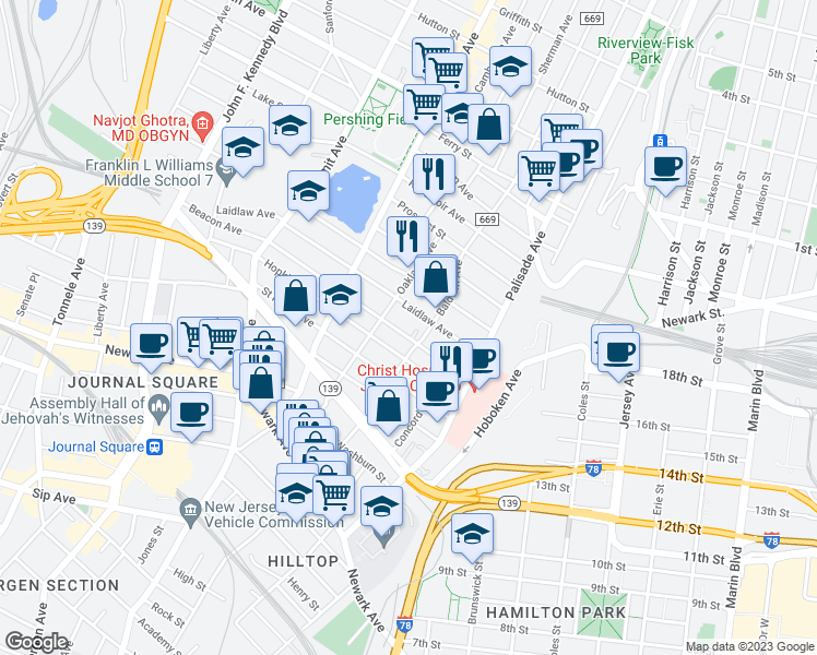 map of restaurants, bars, coffee shops, grocery stores, and more near 46 Beacon Avenue in Jersey City