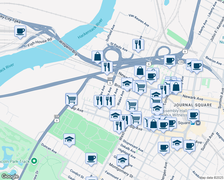 map of restaurants, bars, coffee shops, grocery stores, and more near 49 Wright Avenue in Jersey City
