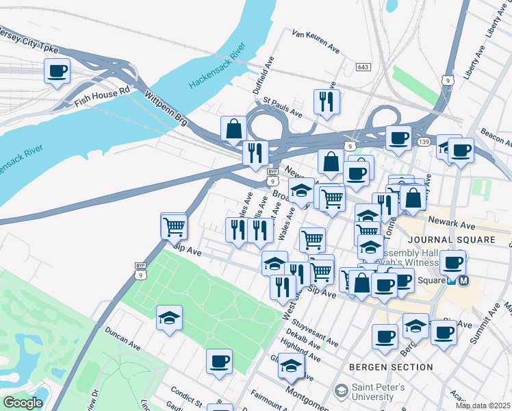 map of restaurants, bars, coffee shops, grocery stores, and more near 46 Dales Avenue in Jersey City