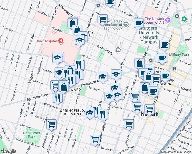 map of restaurants, bars, coffee shops, grocery stores, and more near 135 Springfield Avenue in Newark