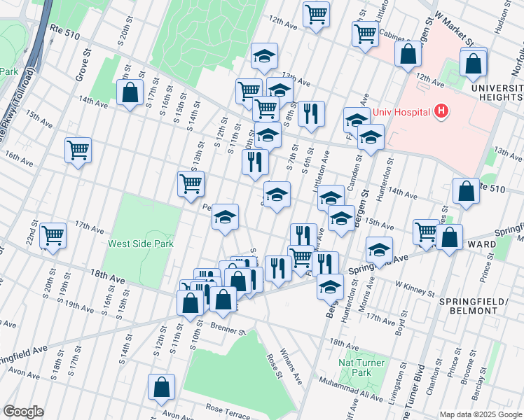 map of restaurants, bars, coffee shops, grocery stores, and more near 127 16th Avenue in Newark