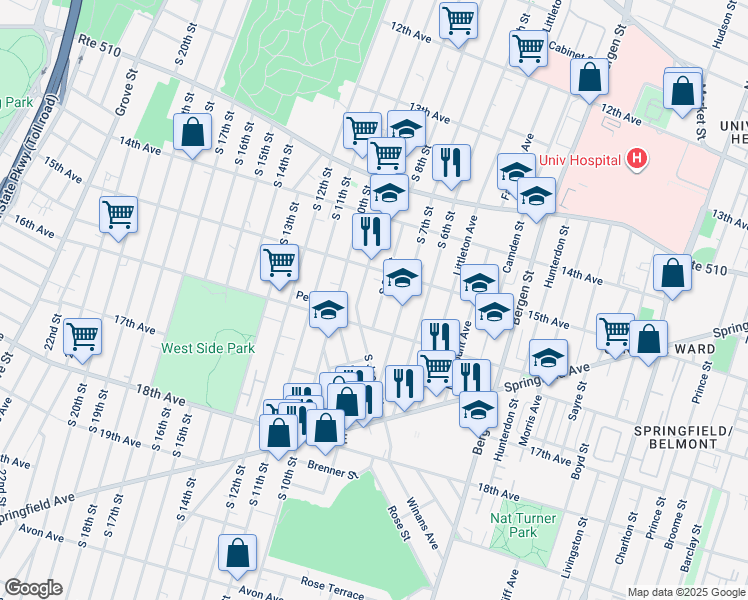 map of restaurants, bars, coffee shops, grocery stores, and more near 127 16th Avenue in Newark