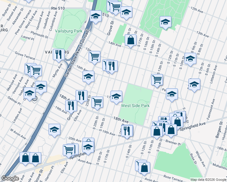 map of restaurants, bars, coffee shops, grocery stores, and more near 291 17th Avenue in Newark