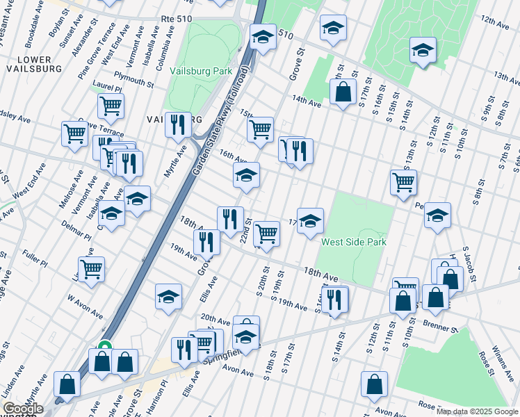 map of restaurants, bars, coffee shops, grocery stores, and more near 202 22nd Street in Irvington