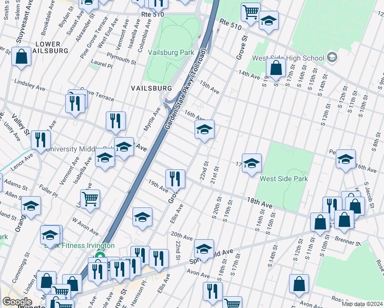 map of restaurants, bars, coffee shops, grocery stores, and more near 648 Grove Street in Irvington