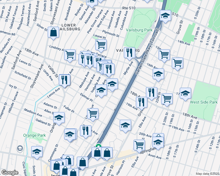 map of restaurants, bars, coffee shops, grocery stores, and more near 292 Myrtle Avenue in Irvington