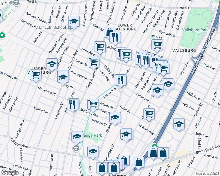 map of restaurants, bars, coffee shops, grocery stores, and more near 22 Bachman Place in Irvington