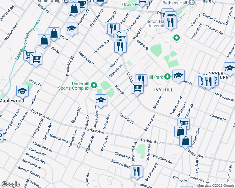 map of restaurants, bars, coffee shops, grocery stores, and more near 43 Union Avenue in Maplewood