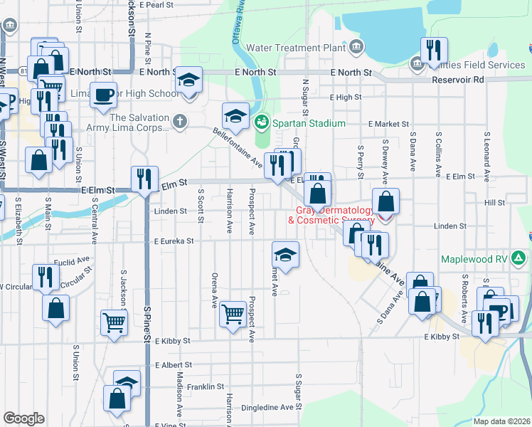 map of restaurants, bars, coffee shops, grocery stores, and more near 330 Calumet Avenue in Lima
