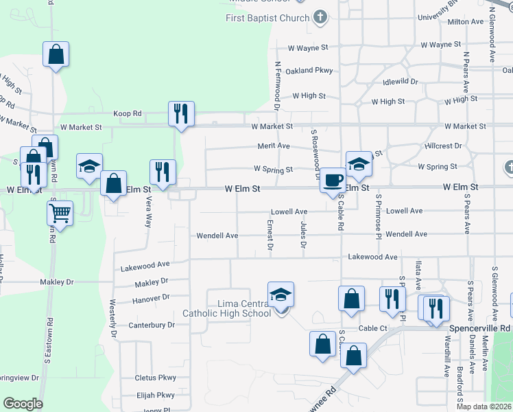 map of restaurants, bars, coffee shops, grocery stores, and more near 2701 Lowell Avenue in Lima